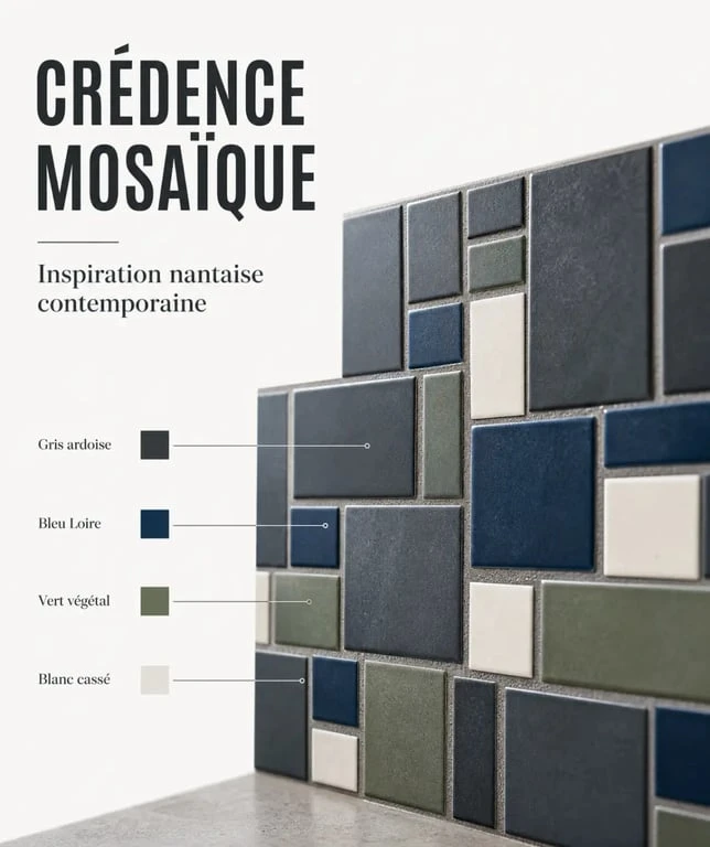 Mosaïque nantes inspirée des couleurs de Nantes sur une crédence contemporaine