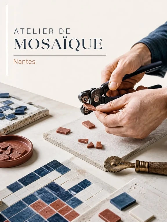 Mosaïque nantes dans un atelier créatif avec tesselles, outils de coupe et support de travail