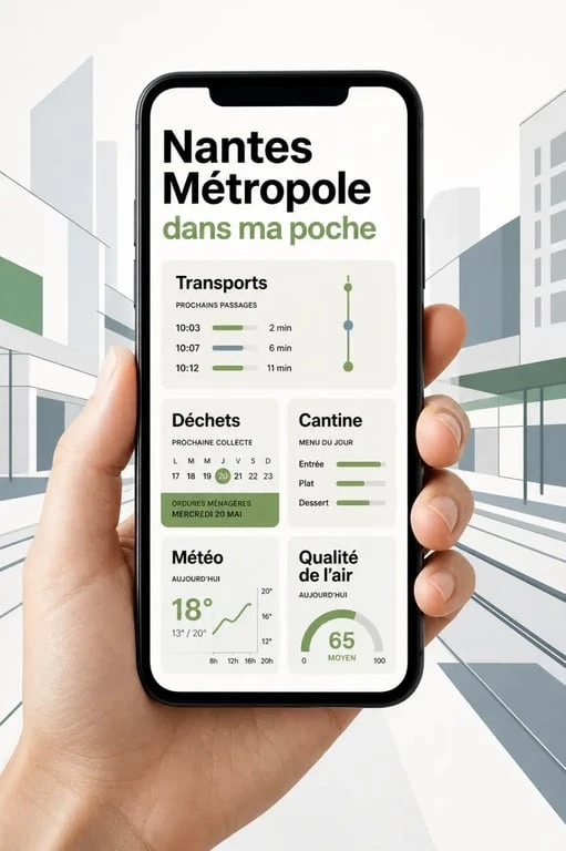 Nantes dans ma poche : illustration d’un smartphone montrant les tuiles personnalisables de l’application officielle de Nantes Métropole