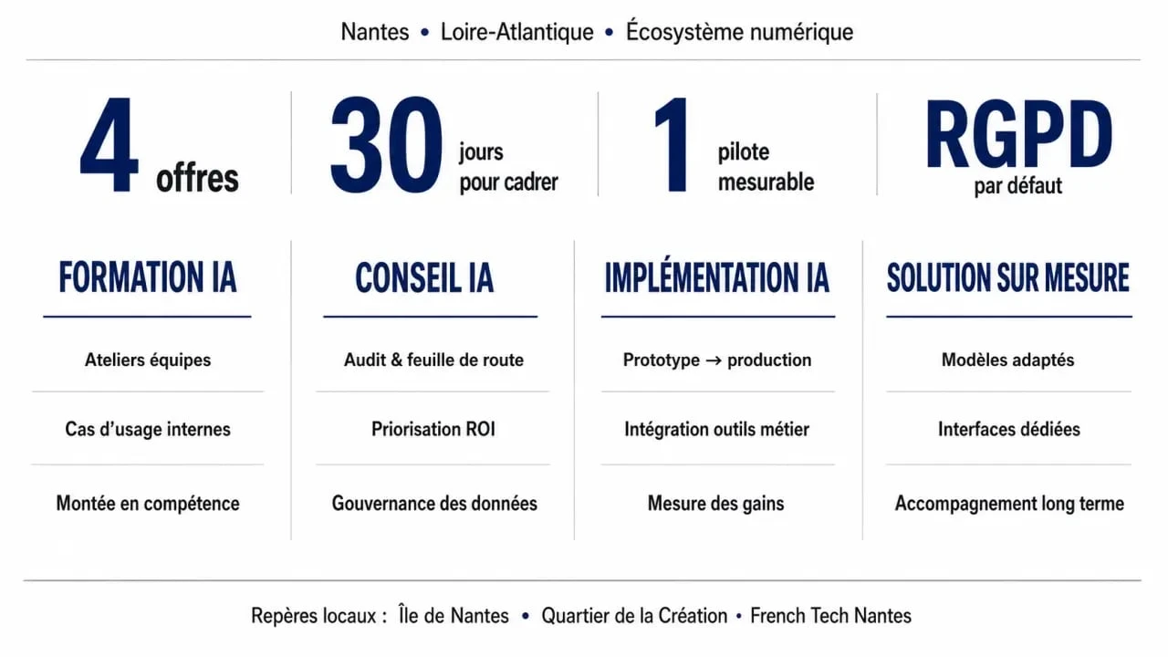 Infographie intelligence artificielle nantes sur la formation, le conseil, l’implémentation et les solutions sur mesure