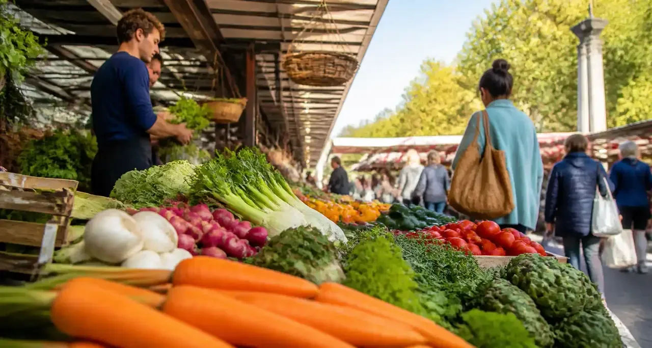 Marché local à Nantes, étals de producteurs