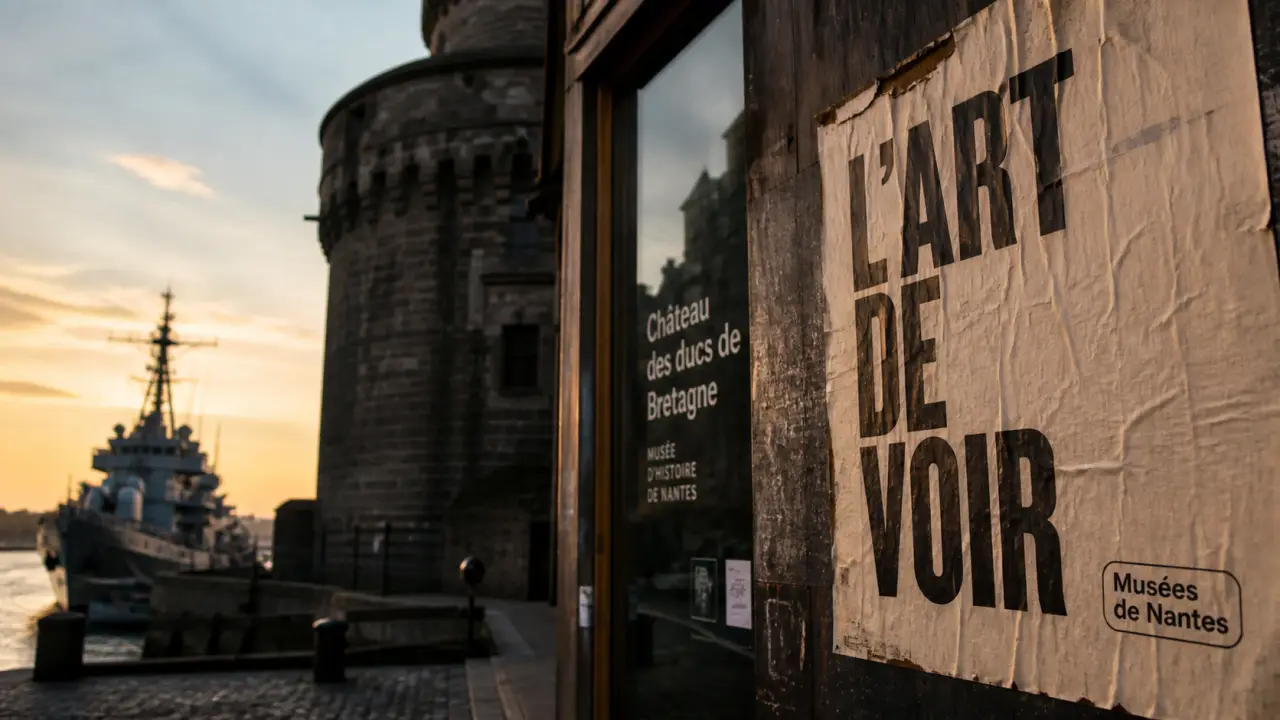 Affiche « Musées de Nantes » devant une entrée de musée à Nantes