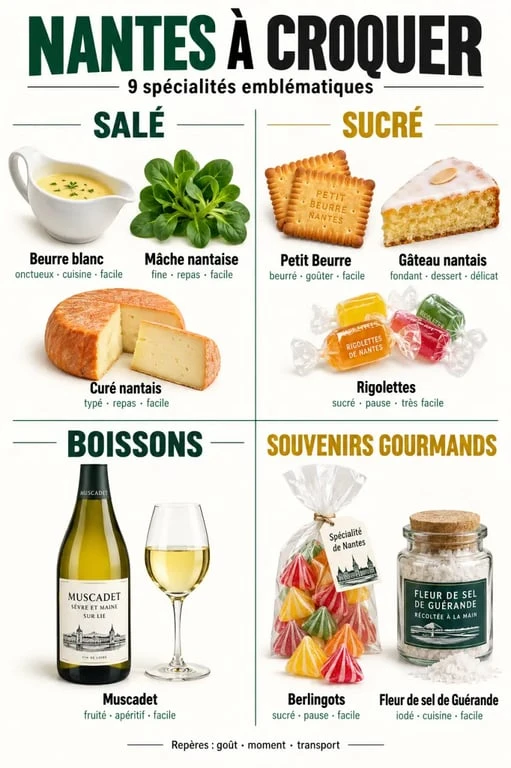 Infographie des spécialités de Nantes salées, sucrées et faciles à rapporter