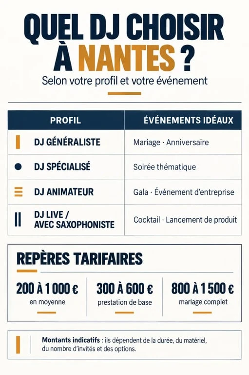 Infographie sur les profils et tarifs d’un DJ Nantes selon le type d’événement