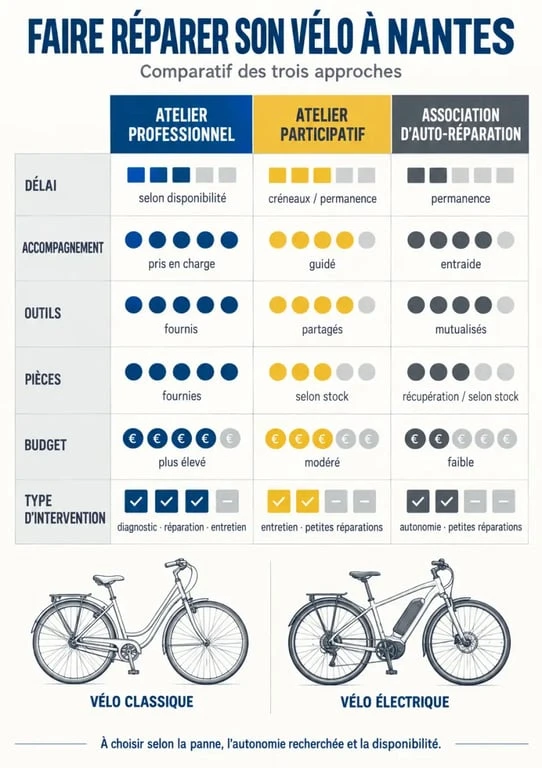 Infographie comparative des solutions d’atelier vélo Nantes : professionnel, participatif et auto-réparation