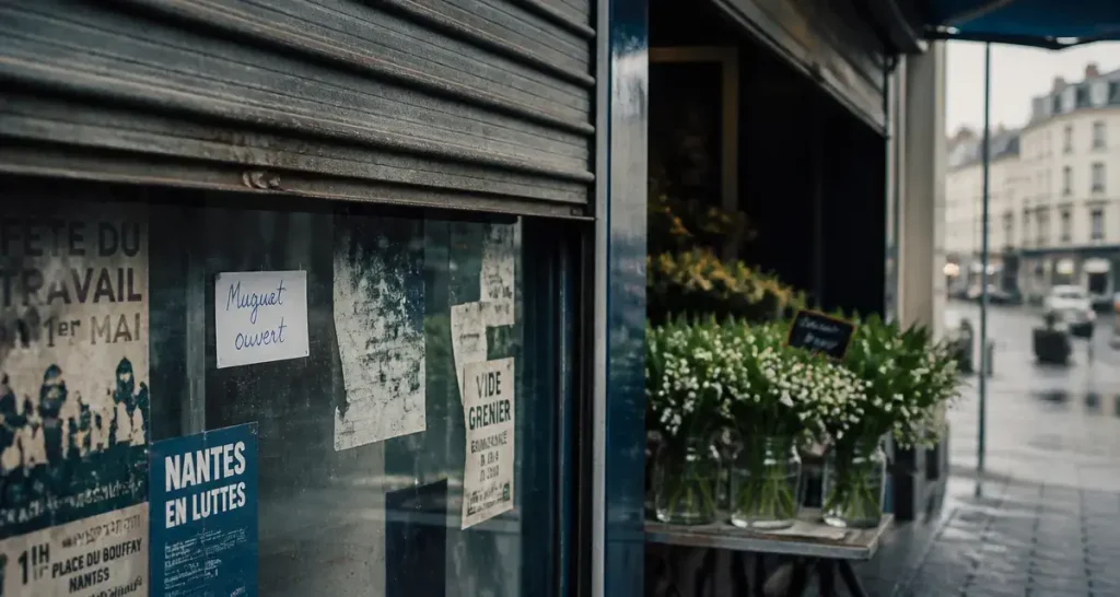 Magasin ouvert nantes 1er mai : vitrine fermée et muguet