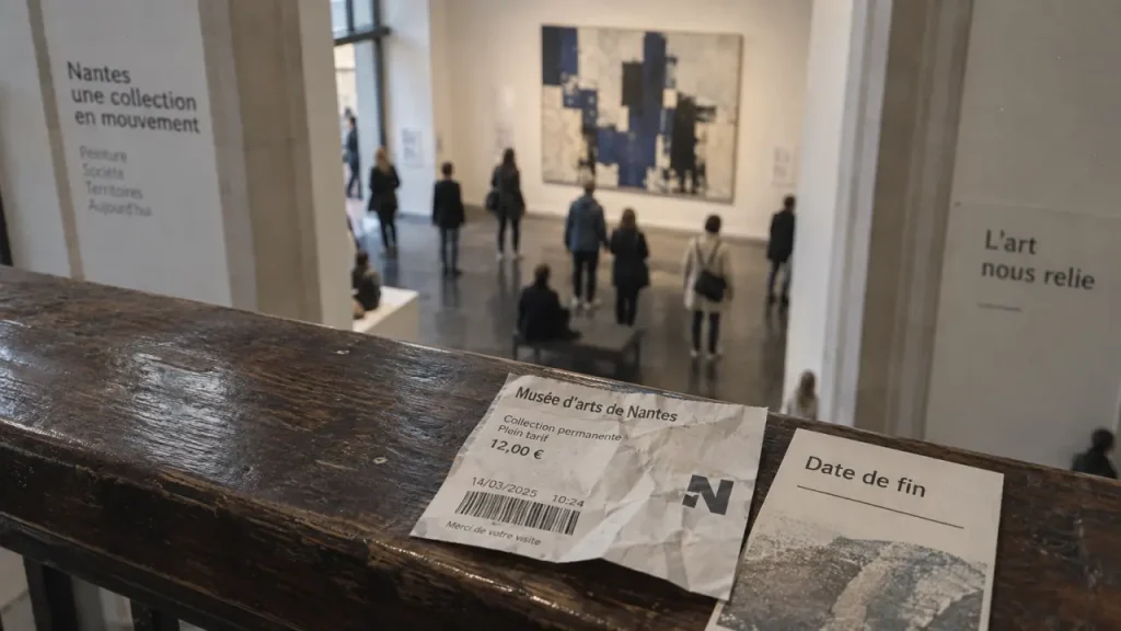 Nantes exposition art contemporain dans un hall de musée, visiteurs devant une œuvre