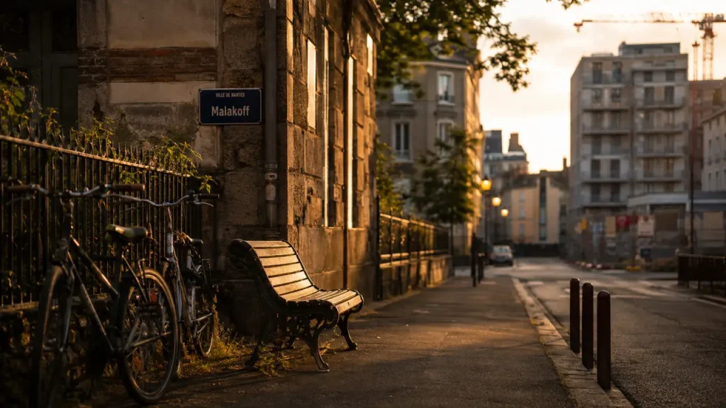 Quartier malakoff nantes, rue au golden hour avec façades et vélos